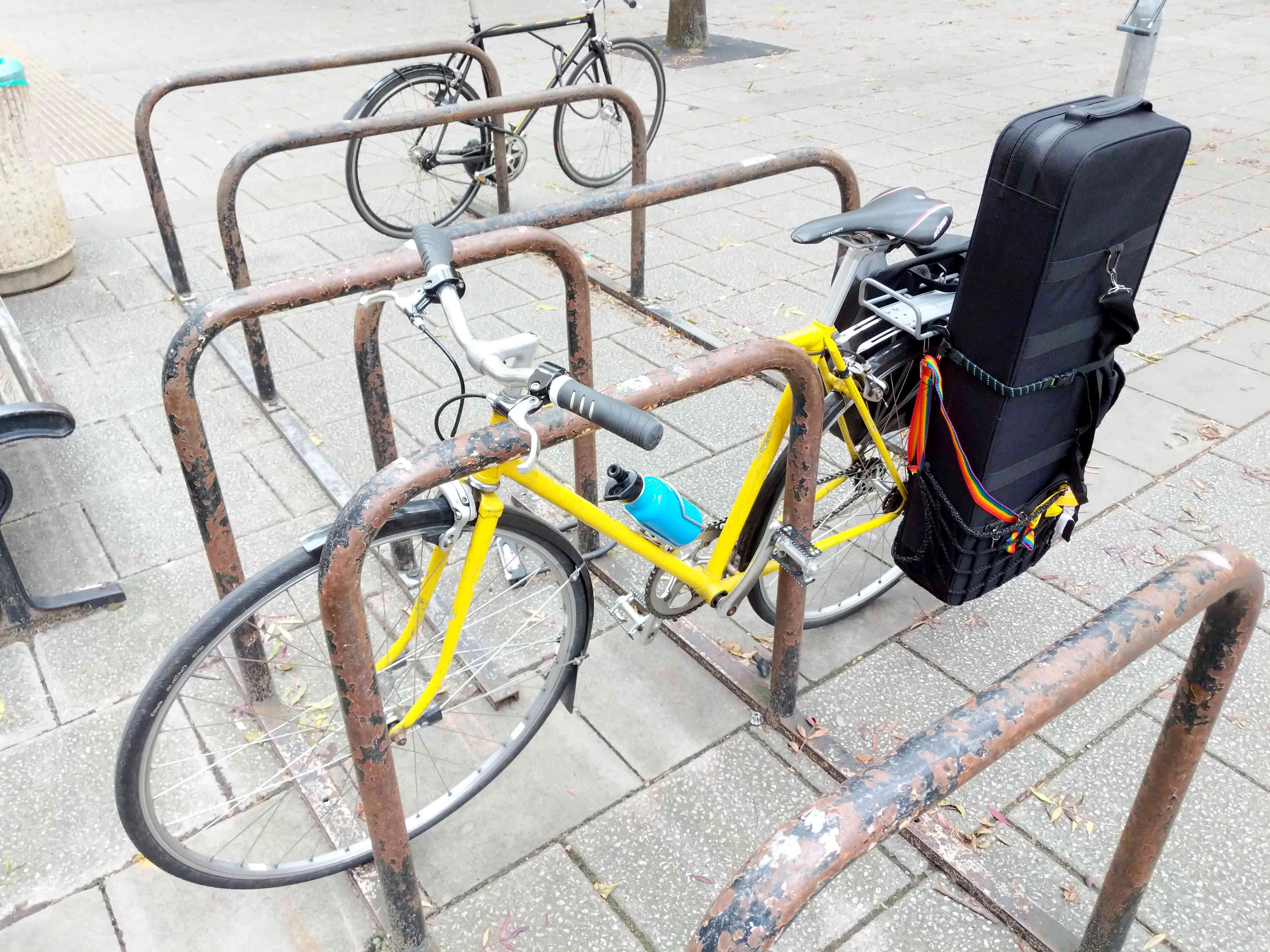 Mundo AirPannier holding a sanshin case on a yellow bicycle