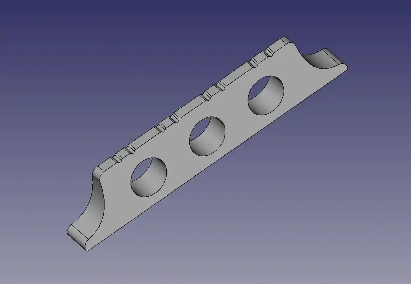 3D rendering of a string instrument bridge with four courses of paired
strings, circular holes through, and rounded shoulders
