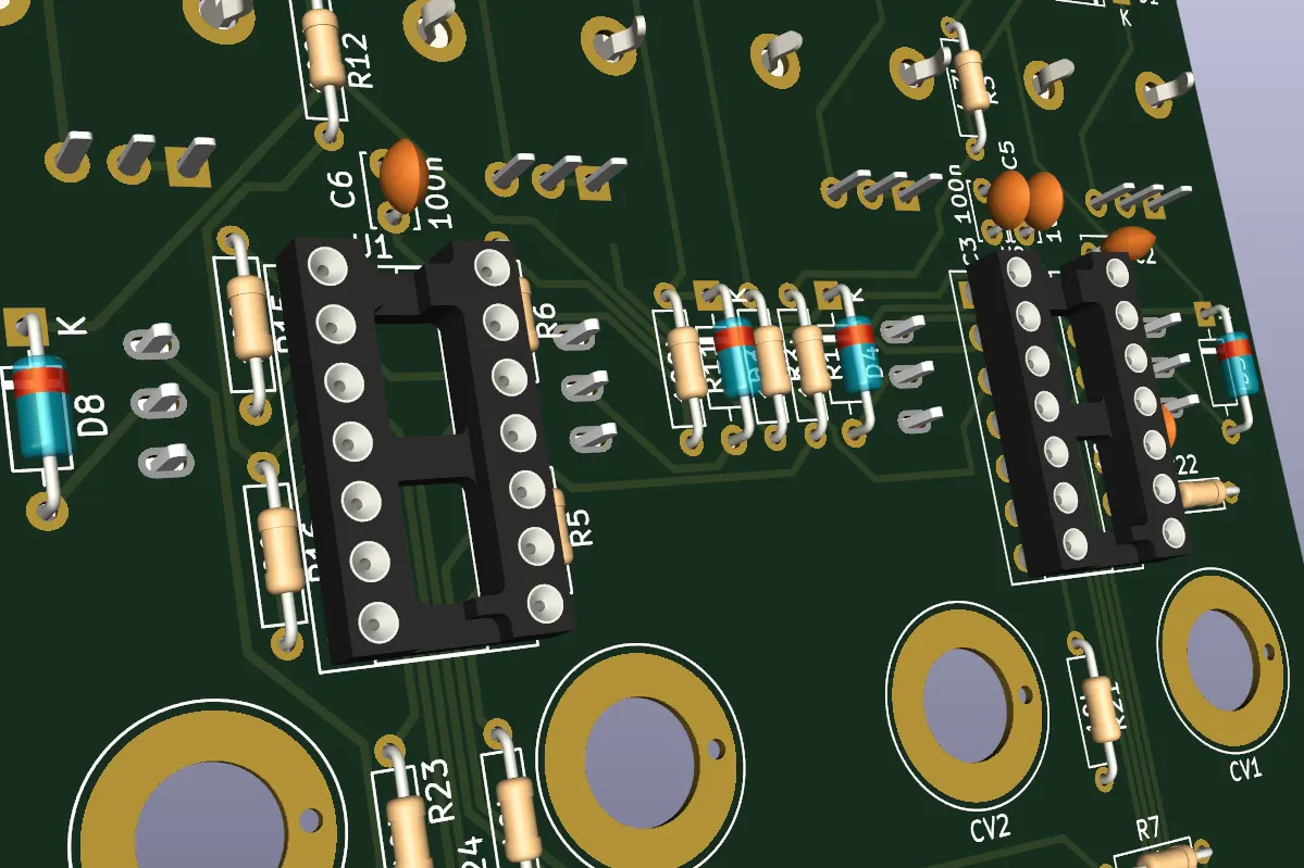 A portion of a 3D render of a circuit board with components