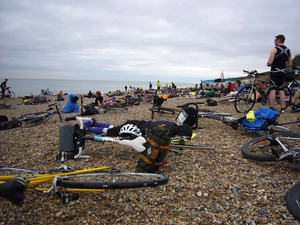 Cylists on Dunwich Beach at the end of the Dunwich Dynamo