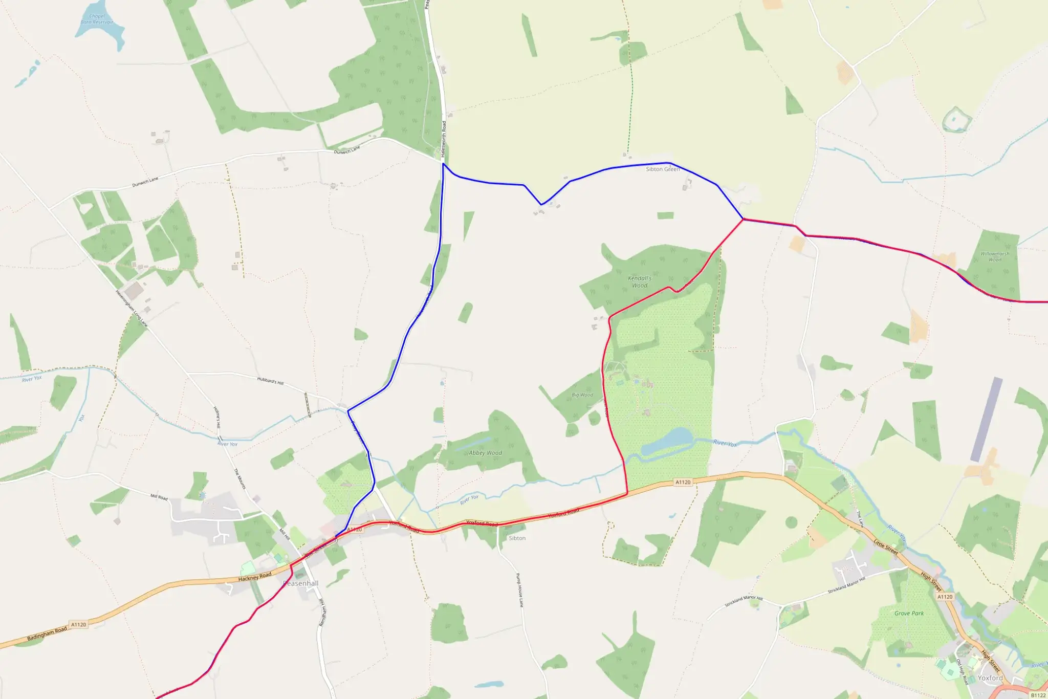 A section of map with two journeys marked. They fork and rejoin a few
kilometres later.