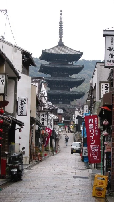 View along narrow uphill street in Kyoto leading to temple