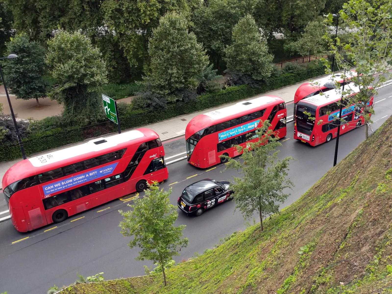 Looking down on buses and a taxi on the road, with the Mound in the foreground, and Hyde Park in the background