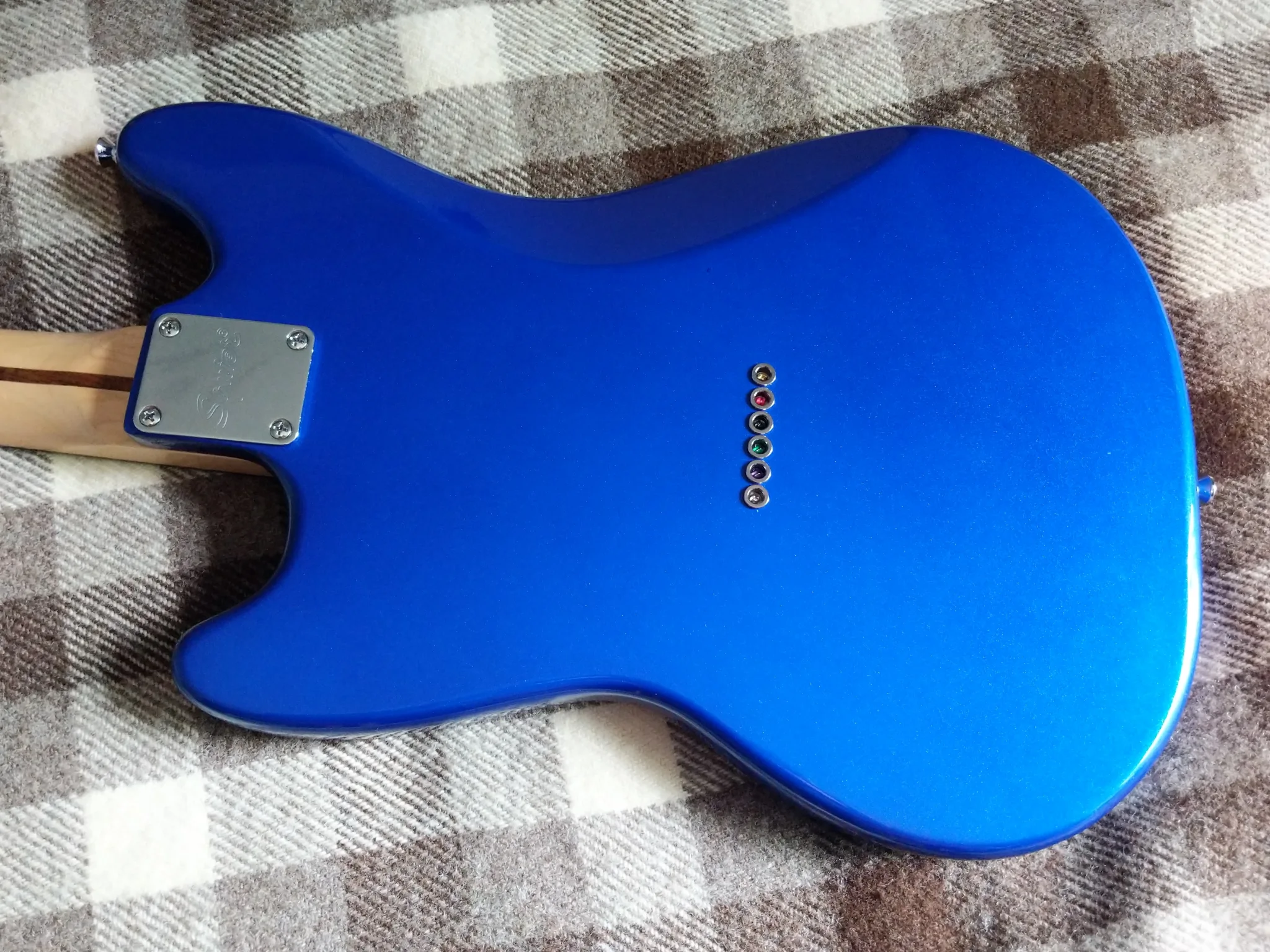 The rear of the guitar, with six string ferrules in a nice straight view