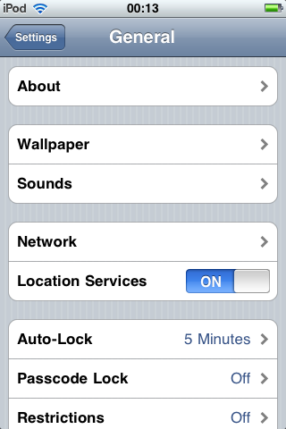 iPod touch settings screen showing Back button in top left