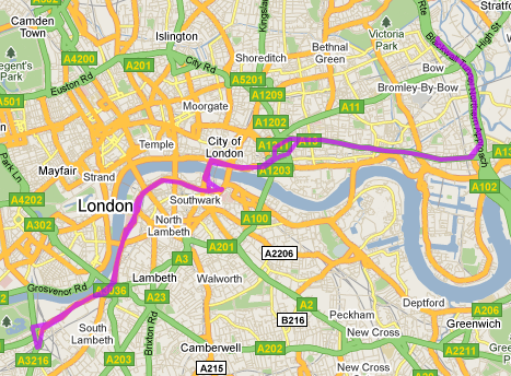 Map of route for lorries delivering concrete to the Shard, 16th April