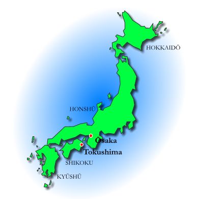 Map of Japan showing Osaka and Tokushima