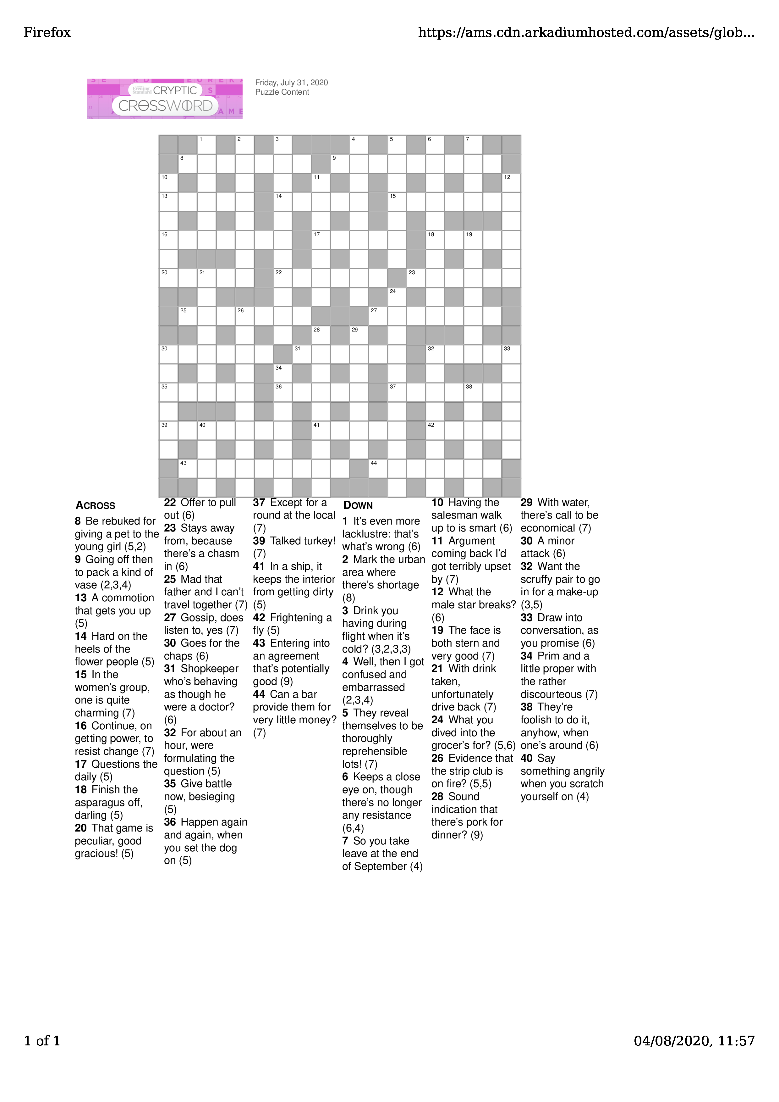 Crossword generated by the Standard
website